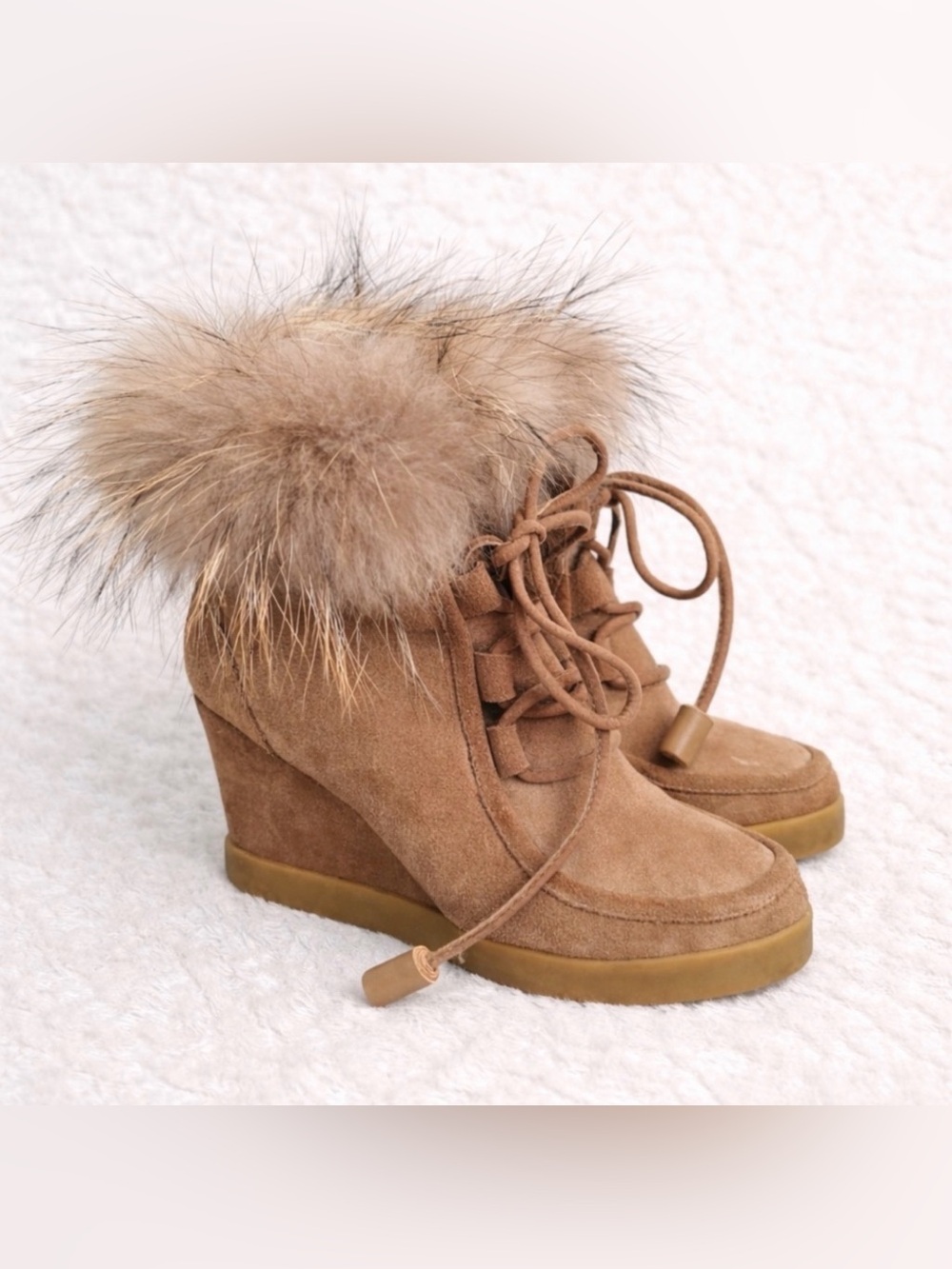 Cecelia New York Suede Wedge Boots Fox Fur Trim Lace-Up 8B Winter Luxe Après